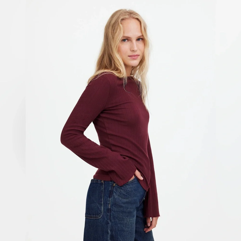NWT Madewell Ribbed Long-Sleeve Boatneck Top in Burgundy - Picture 1 of 12